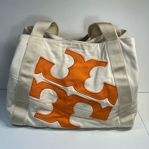 RARE Tory Burch Canvas Tote with Orange Logo